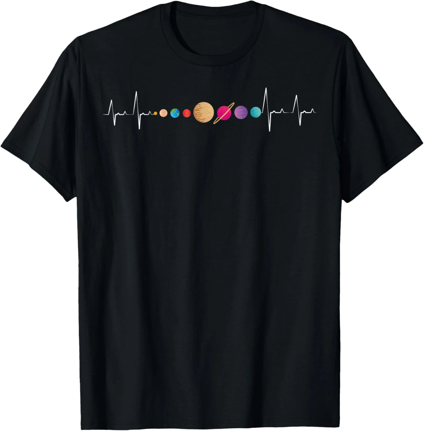 Planets Aligned in Heartbeat Rhythm Space Theme Graphic T-shirt Planets Aligned in Heartbeat Rhythm Space Theme Graphic T-shirt