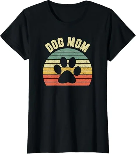 Retro Sunset Dog Paw Print "Dog Mom" Graphic T-shirt Retro Sunset Dog Paw Print "Dog Mom" Graphic T-shirt